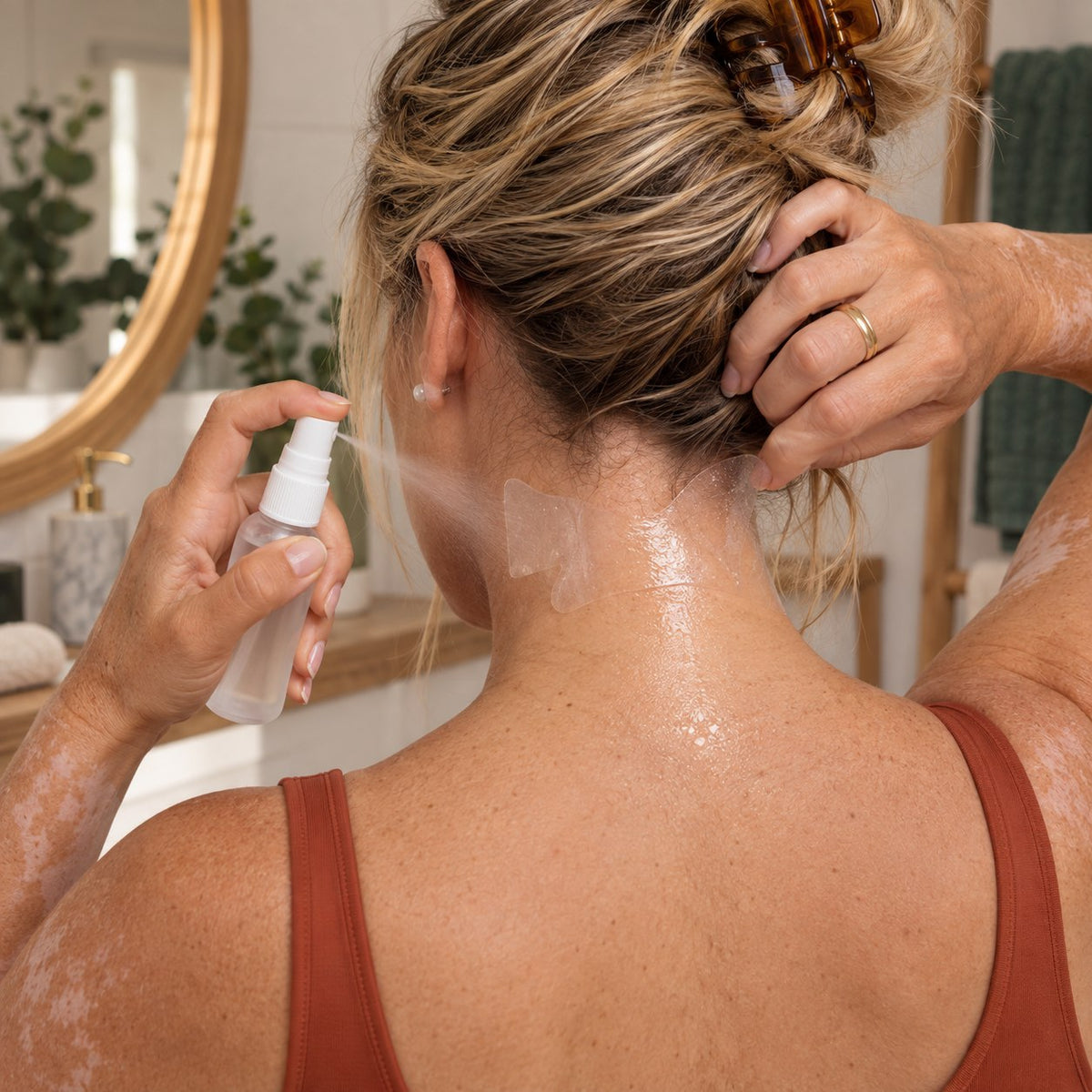 On vaporise le spray sur la nuque avant de retirer la bande